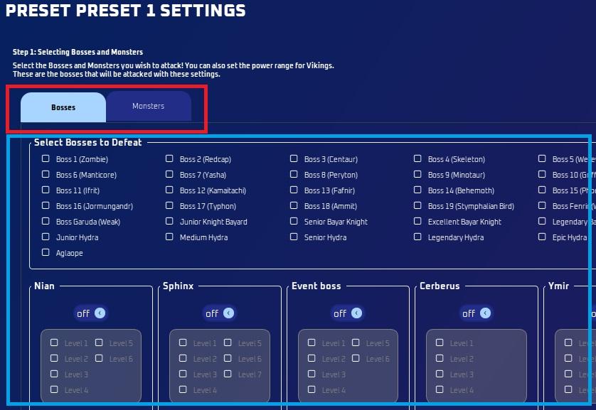 Preset settings, boss and monster selection