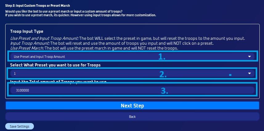 Preset settings, troop input type and total troop amount