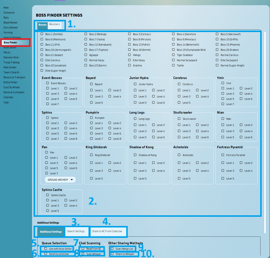 Boss Finder Settings tab with numbered options