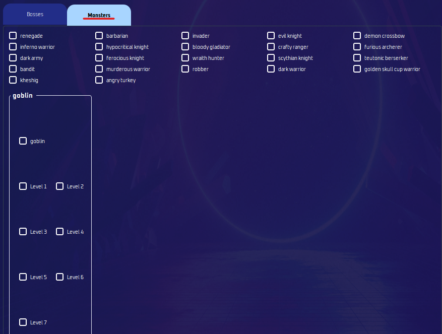 Find Bosses or Monsters tab