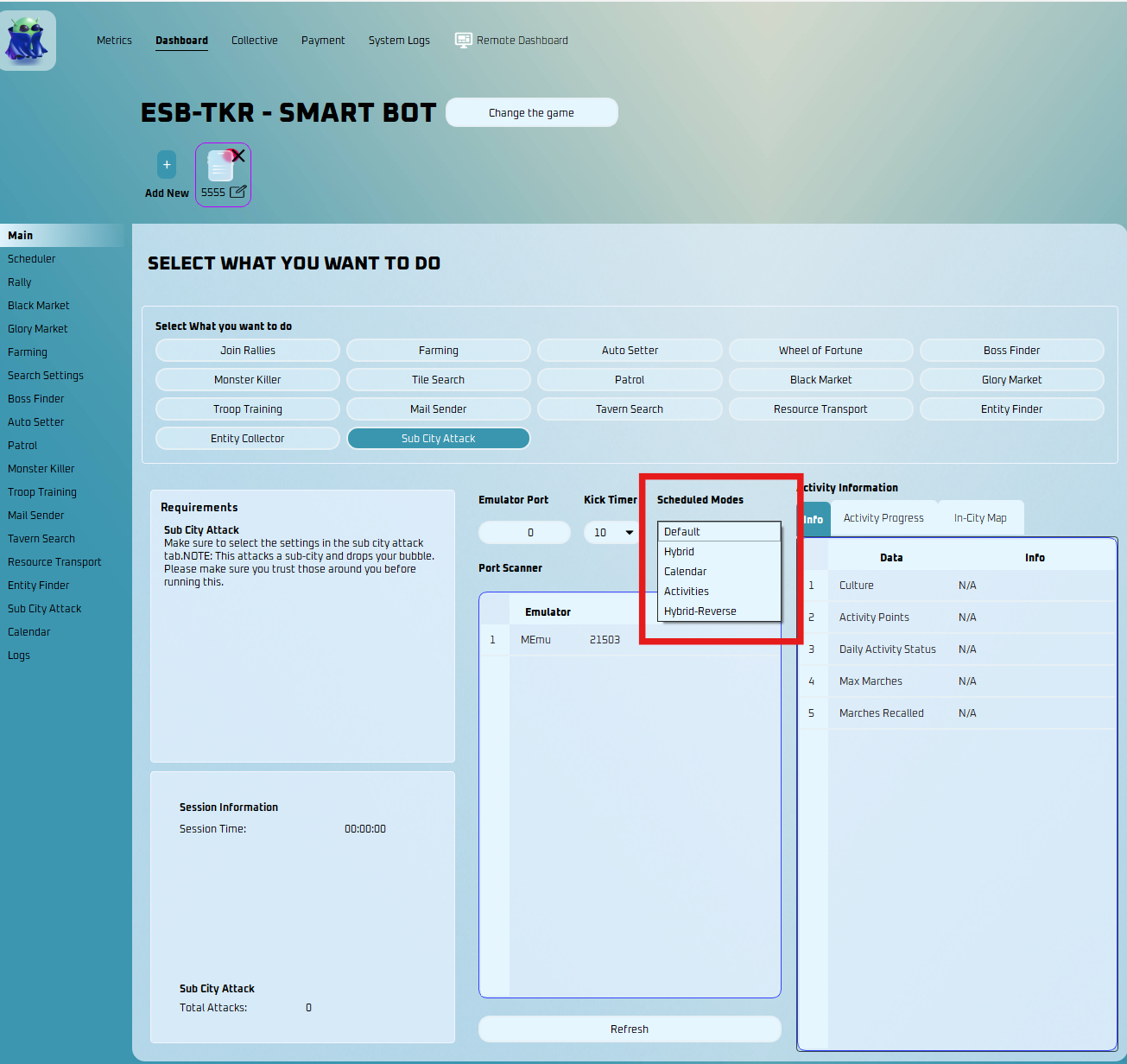 Scheduled Modes selection on the main page