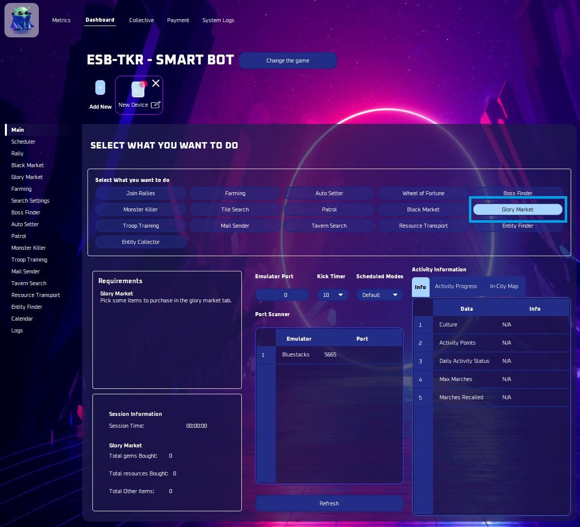 Glory Market mode selected in the bot