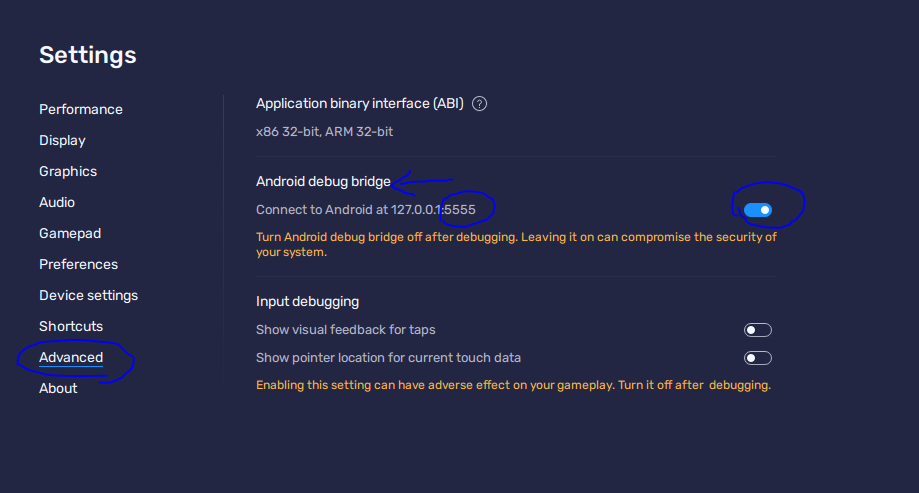 Bluestacks 5 advanced settings with Android Debug Bridge enabled
