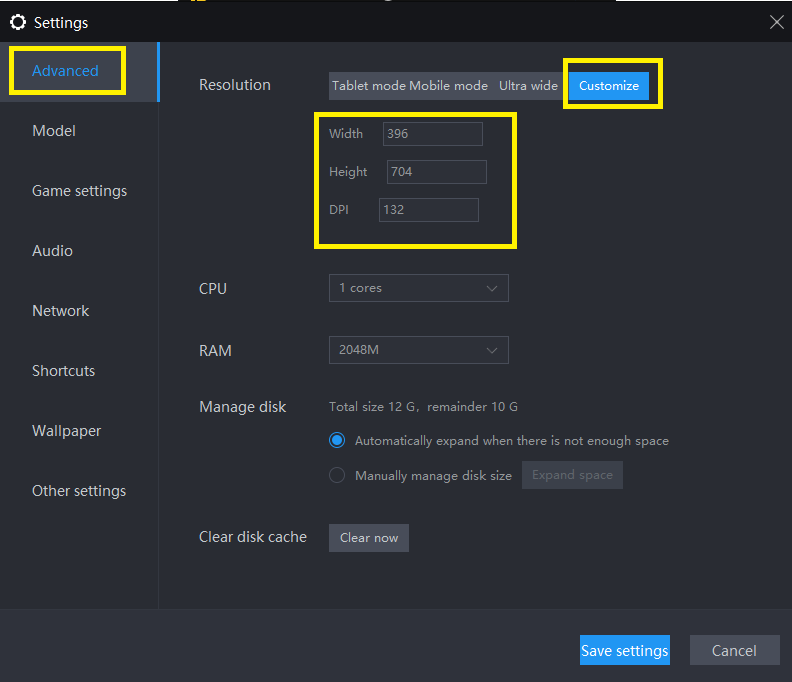 LD Player resolution settings