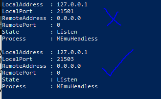 PowerShell output listing MEmu ports