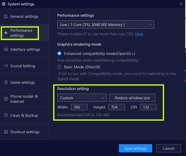 NOX performance settings with resolution options