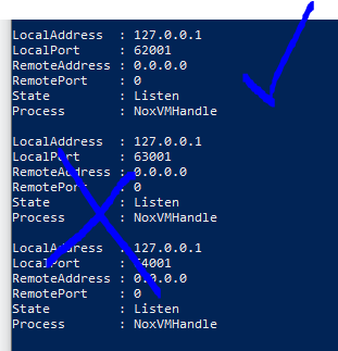PowerShell output listing NOX ports