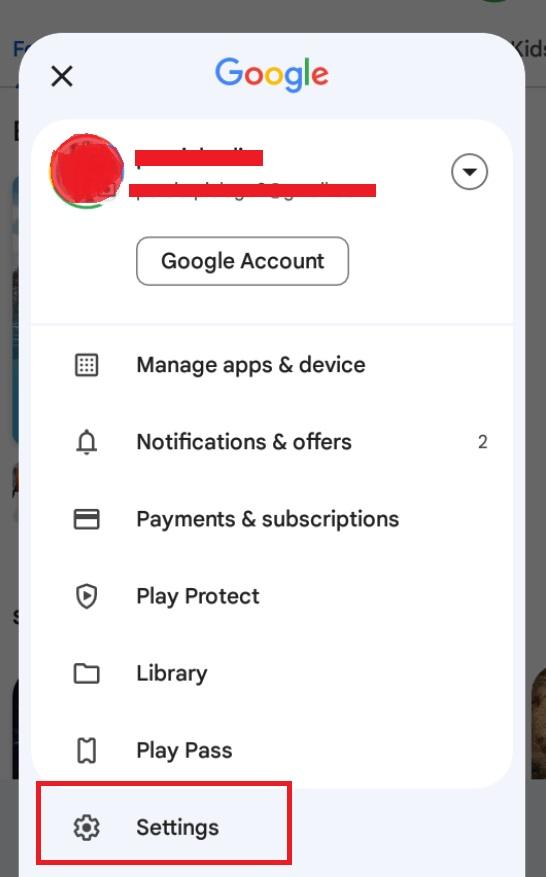 Google Play profile menu with the Settings option