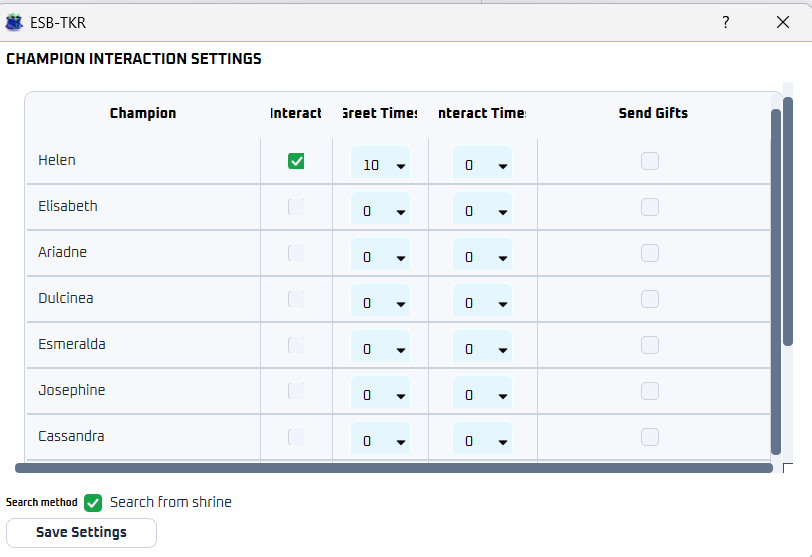 Champion Interact Settings dialog
