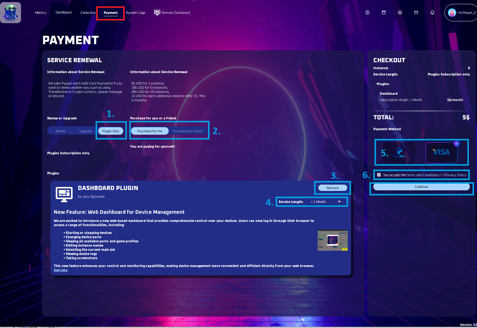 Remote Dashboard payment page