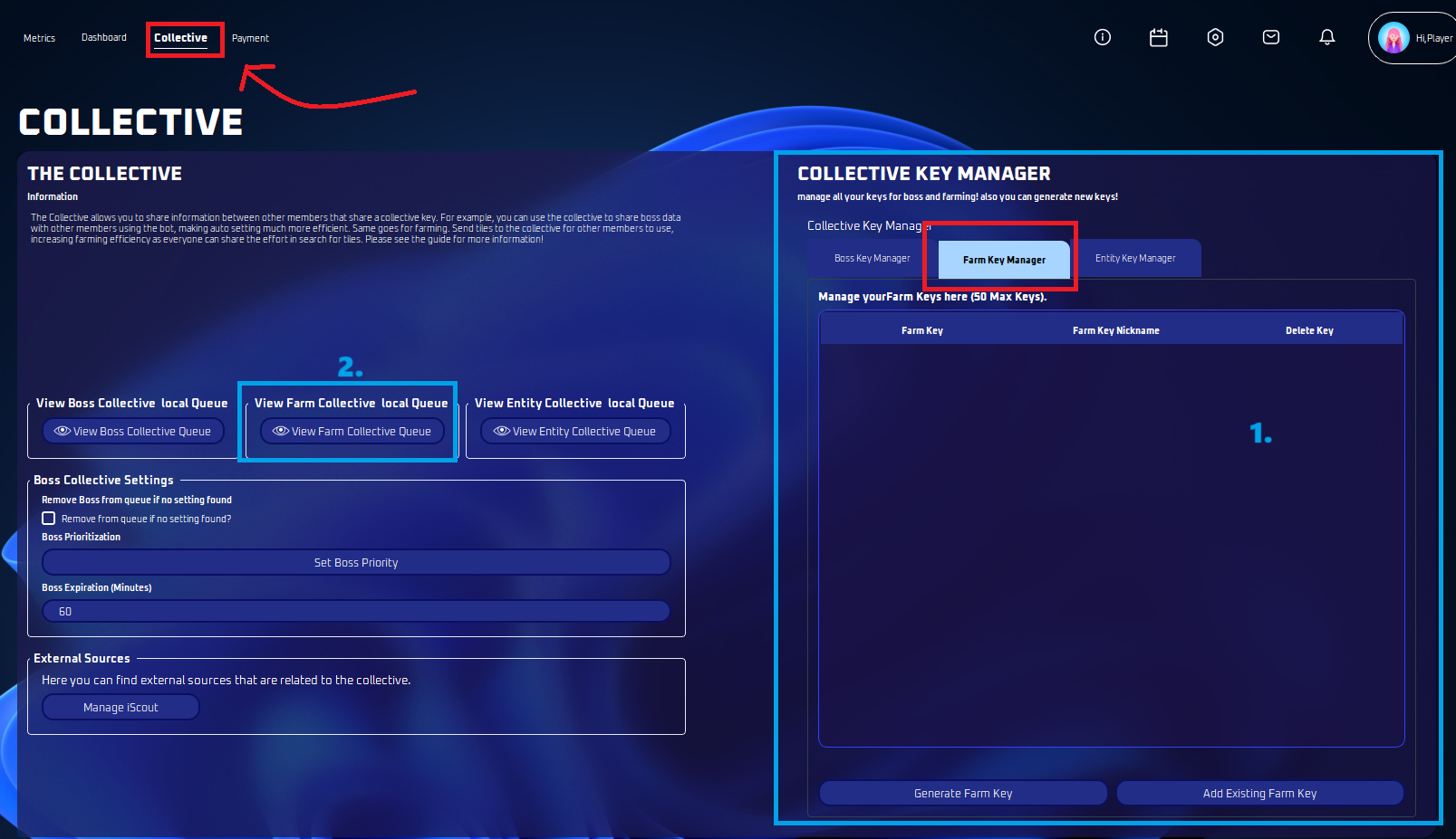 Collective tab with the Farm Collective Key Manager