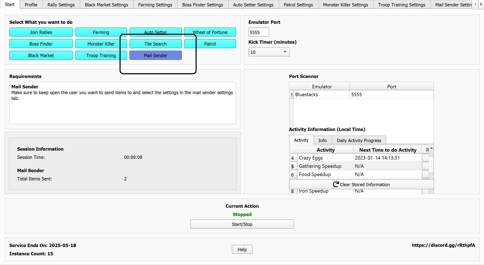 Start tab with Mail Sender mode selected