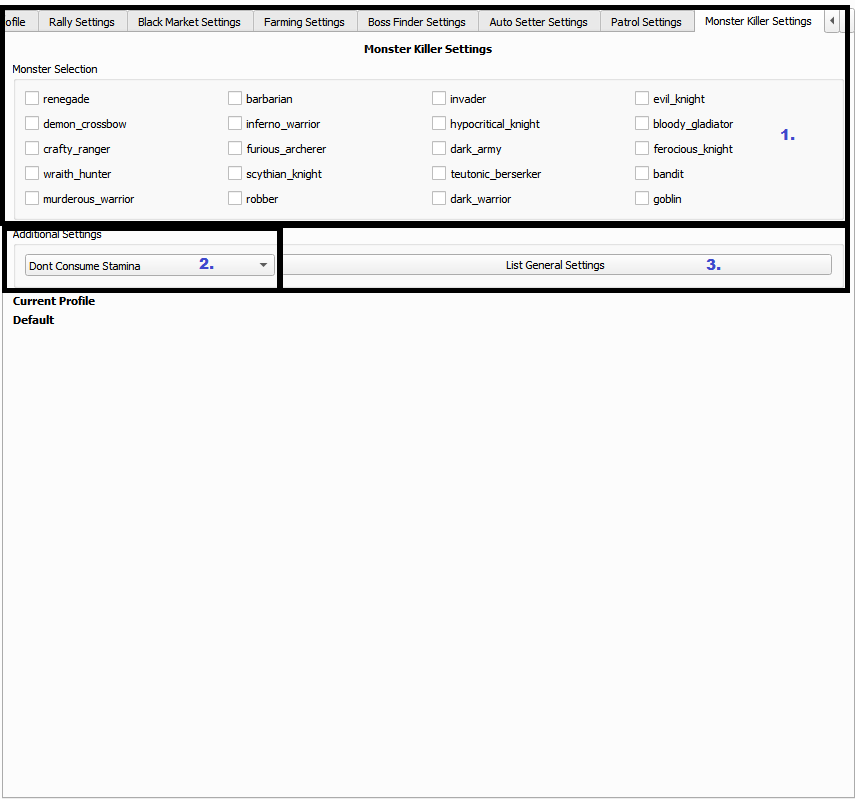 Monster Killer Settings tab