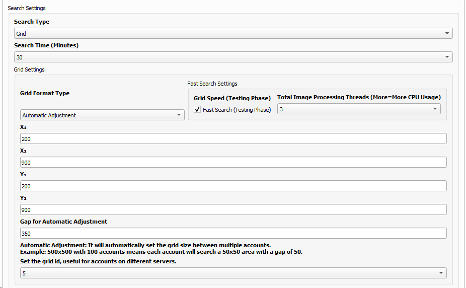 Automatic adjustment grid search with four instances
