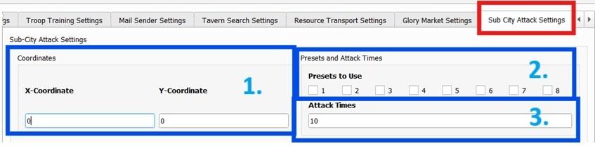 Sub City Attack Settings tab