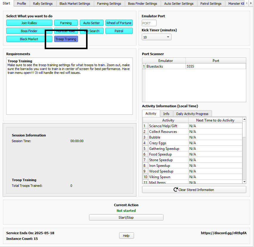 Start tab with Troop Training mode selected