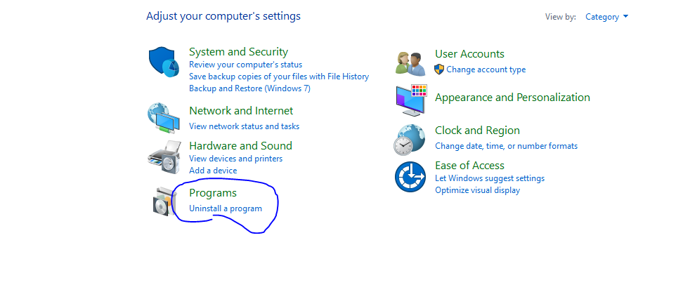 Control Panel with the Uninstall a program option