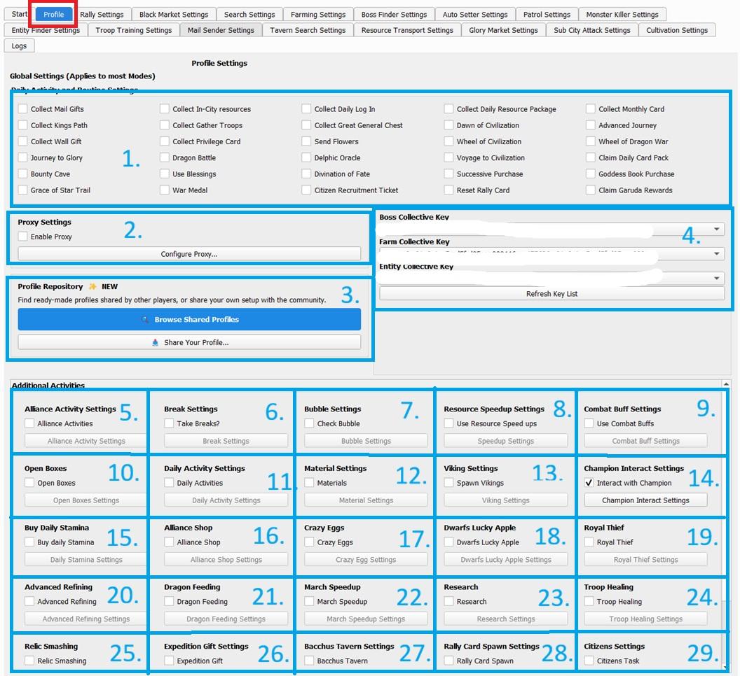 Profile tab with numbered settings